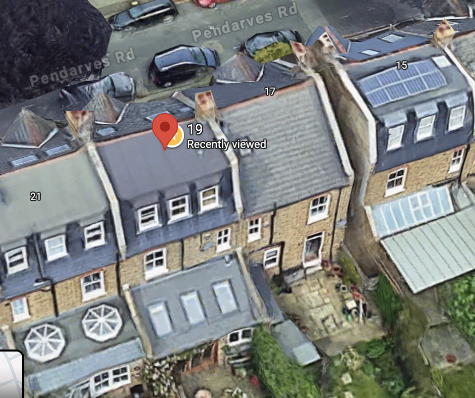 User-supplied Google Maps rear view identifying 19 with a flat rear roof and 17 with a pitched rear roof